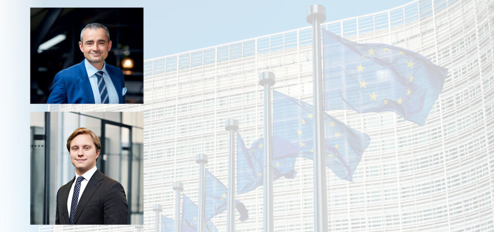 Kjetil Vågen og Stian Moen Dahle, fra Advokatfirmaet CLP. Kjetil Vågen og Stian Moen Dahle, dus bakgrunn av EU-parlamentet med EU-flagg