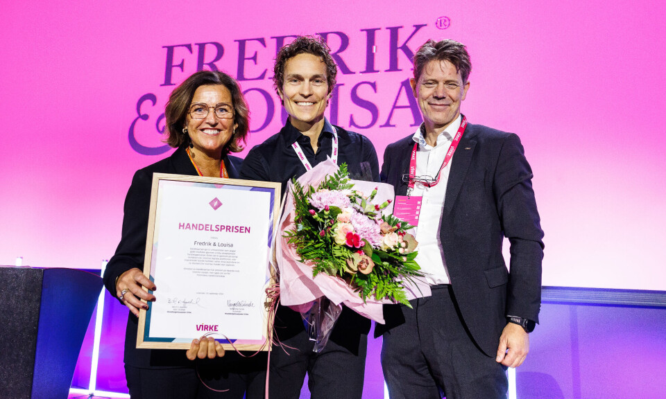 Margrethe Sunde, styreleder i Virke, Eric Rivelsrud, CEO i Fredrik & Lousia, Bernt Gudmund Apeland, adm. direktør i Virke. Handelsprisen, Fredrik & Lousia