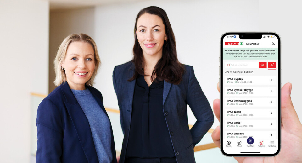 Hanne Lystad, bransjeleder rådgivning i Virke og Sigri Sevaldsen, bransjedirektør Teknologi i Virke. Innfelt: Appen til Spars matsvinnløsning.