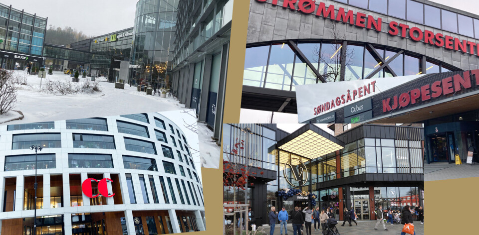 Sammenligner man butikkhandelen på kjøpesentrene i uke 50 med samme uke i fjor, gikk omsetningen ned med 4,7 prosent. Montasje av ulike kjøpesenter. CC Arena Hamar, Alna Senter Strømmen Storsenter, Værstetorver, Thonsenteret Flå