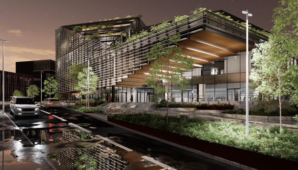 Utvidelsen av Lagunen Storsenter er ferdig i fjerde kvartal, skriver Thon Gruppen i halvårsrapporten. Illustrasjon av den nye fasaden på Lagunen.