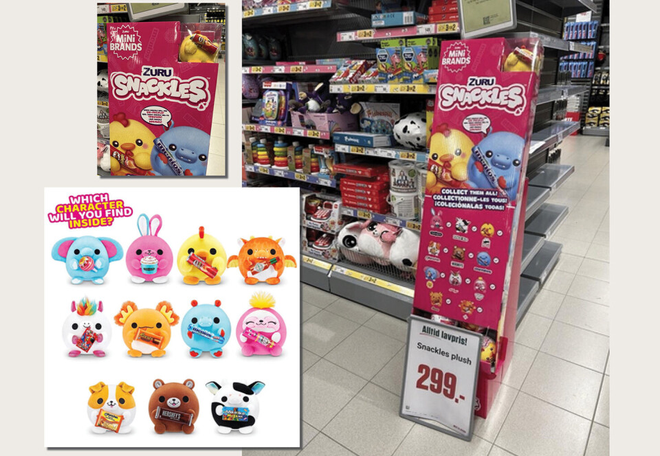 MFU mener at den aktuelle oppstillingen av Snackles kosebamse påfestet illustrasjoner av produkter på MFU’s produktliste er i strid med MFU’s retningslinjer. Montasje av produktplassering Europris Snackles