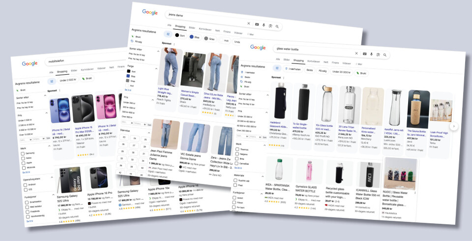 Når kunden går inn på nettbutikken via annonsen i Google Shopping, vil prisen dermed kunne bli betydelig lavere enn prisen kunden ville ha fått ved å gå direkte inn på nettbutikken. Skjermdump Google shopping, mobiltelefoner, jeans, vannflasker