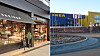 Butikkfasader ved et kjøpesenter med en IKEA-bygning i bakgrunnen og en kurvet vei foran.