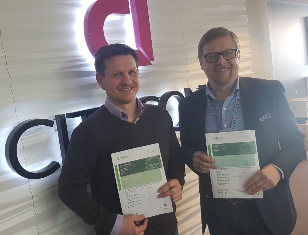 Har fått på plass et godt verktøy: Magne Eriksen,Senior Property Manager & Sustainabilty (t.v.) og Bill Engeness, Head of Sustainability and Property Management. (Foto: Citycon) Har fått på plass et godt verktøy: Magne Eriksen,Senior Property Manager & Sustainabilty (t.v.) og Bill Engeness, Head of Sustainability and Property Management. (Foto: Citycon)