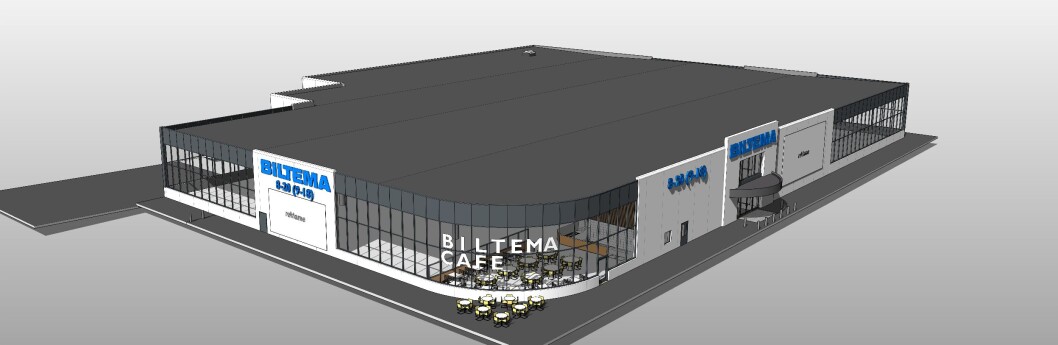 Slik vil Biltema-varehuset fremstå på Bjørkmoen i Oppdal, med panaoramavinduer i cafeen. (3D-illustrasjon: Kristiansen & Selmer-Olsen Sivilarkitekter) Slik vil Biltema-varehuset fremstå på Bjørkmoen i Oppdal, med panaoramavinduer i cafeen. (3D-illustrasjon: Kristiansen & Selmer-Olsen Sivilarkitekter)