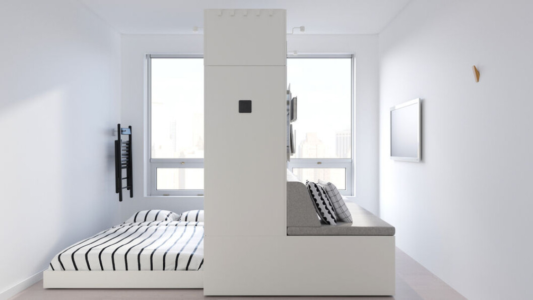 Med enkle knappetrykk trekkes sengen tilbake om morgenen, for å gi plass til en sofa. (Foto: IKEA) Med enkle knappetrykk trekkes sengen tilbake om morgenen, for å gi plass til en sofa. (Foto: IKEA)