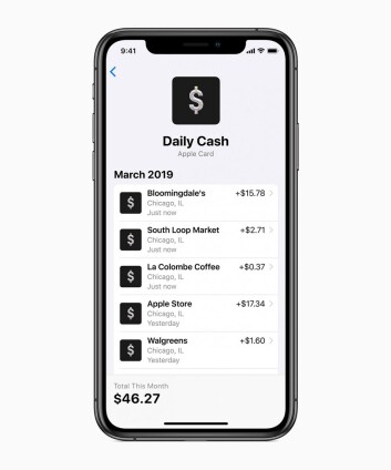 Hver gang kunden bruker Apple Card med Apple Pay, vil de daglig få 2 prosent av hvert kjøp i kontanter inn på konto. (Foto: Apple) Hver gang kunden bruker Apple Card med Apple Pay, vil de daglig få 2 prosent av hvert kjøp i kontanter inn på konto. (Foto: Apple)