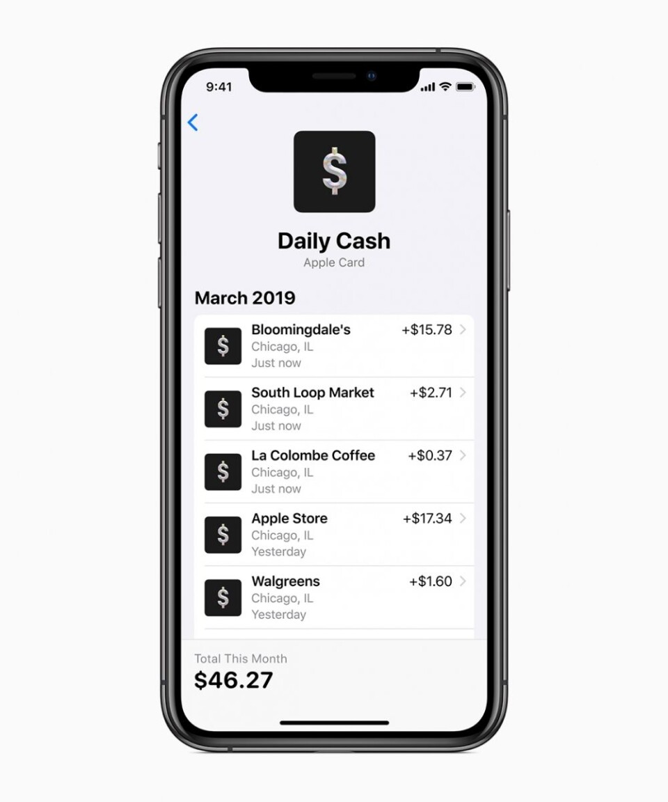 Hver gang kunden bruker Apple Card med Apple Pay, vil de daglig få 2 prosent av hvert kjøp i kontanter inn på konto. (Foto: Apple)