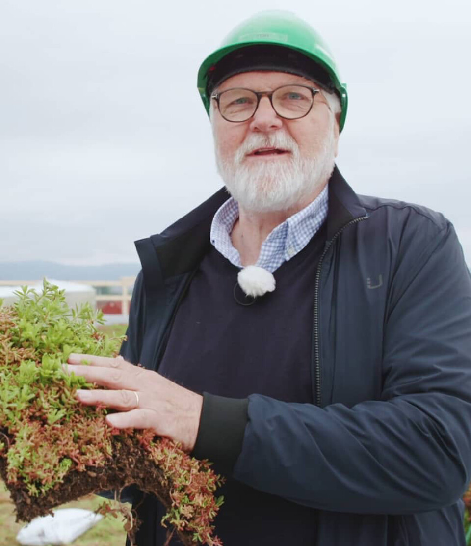 KIWI-gründer Tor Kirkeng viser frem gresset som kommer på taket av KIWI Lerberg. (Foto: KIWI)