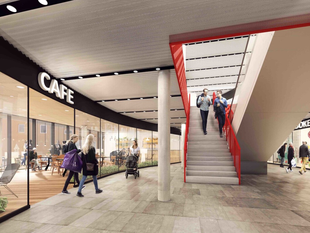 – Det skapes lune plasser i nedre del av sentrum, med uteservering og åpne butikker mot gata, sier arkitektene. Ill.: AMB arkitekter AS – Det skapes lune plasser i nedre del av sentrum, med uteservering og åpne butikker mot gata, sier arkitektene. Ill.: AMB arkitekter AS
