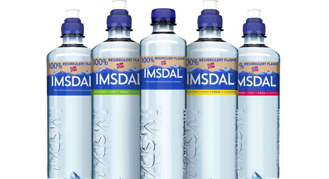 Imsdals nye flasker er laget av 100 prosent resirkulert plast. (Foto: Ringnes) Imsdals nye flasker er laget av 100 prosent resirkulert plast. (Foto: Ringnes)