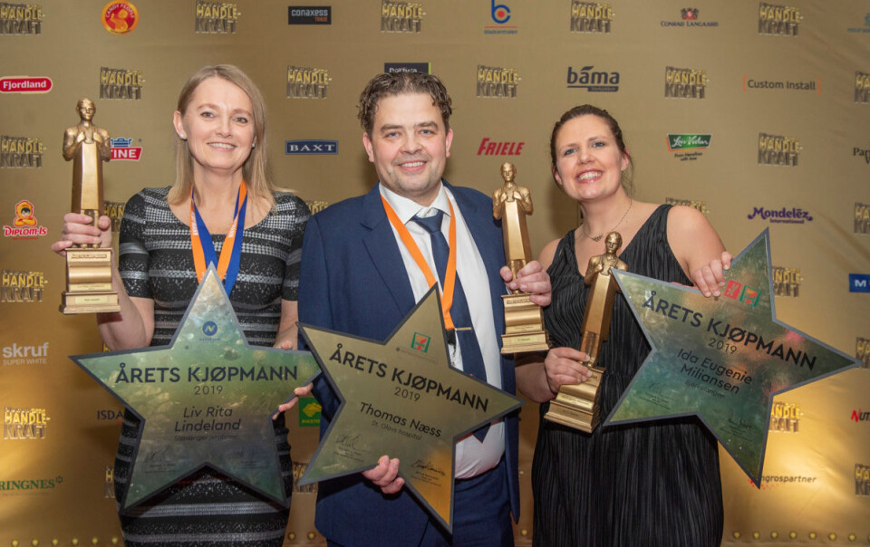 Fra venstre: Liv Rita Lindeland, Stavanger jernbanestasjon, Thomas Næss, St. Olavs hospital (Trondheim) og Ida Eugenie Miliansen, Bjørkelangen. (Foto: Reitan Convenience)