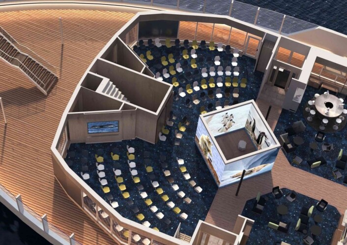 «Kuben» i 'Science Center’ er fire store LED vegger som kan brukes som rom-avdeler og som fremvisningsskjermer. (Foto Hurtigruten) «Kuben» i 'Science Center’ er fire store LED vegger som kan brukes som rom-avdeler og som fremvisningsskjermer. (Foto Hurtigruten)