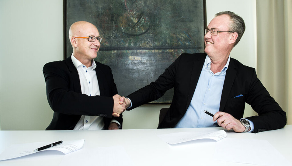 GLEDER SEG: Konstituert administrerende direktør Geir Inge Stokke i Coop Norge og konsernsjef Per Strömberg i ICA Gruppen gleder seg over at Coops kjøp av ICAs dagligvarevirksomhet i Norge er endelig gjennomført. Foto: John Terje Pedersen