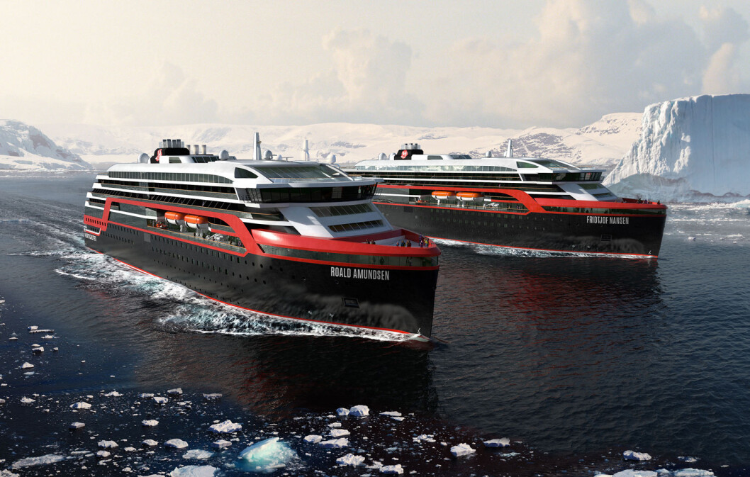 MS Roald Amundsen og MS Fridtjof Nansen blir verdens første hybriddrevne ekspedisjonscruiseskip. Sommeren 2019 skal begge seile langs norskekysten, med digitale skjermløsninger fra ProntoTV. (Foto: Hurtigruten) MS Roald Amundsen og MS Fridtjof Nansen blir verdens første hybriddrevne ekspedisjonscruiseskip. Sommeren 2019 skal begge seile langs norskekysten, med digitale skjermløsninger fra ProntoTV. (Foto: Hurtigruten)