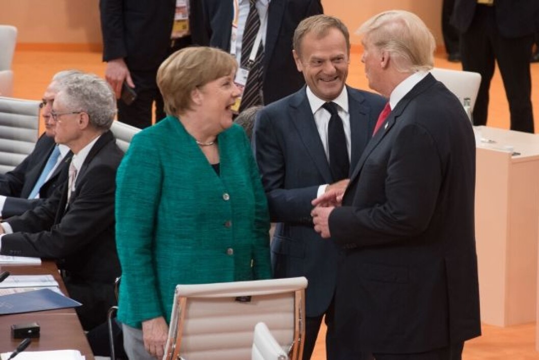 Tysklands Angela Merkel og EU-president Donald Tusk sammen med president Donald Trump. Foto: EU Council, 2017. Tysklands Angela Merkel og EU-president Donald Tusk sammen med president Donald Trump. Foto: EU Council, 2017.