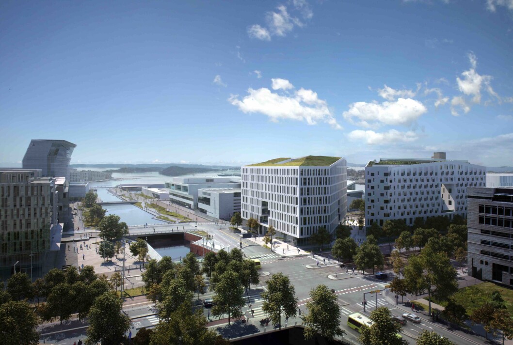 Illustrasjonen viser Diagonale-bygningene i Bjørvika som Olav Thon Gruppen eier sammen med HAV Eiendom AS. Bilde: Hav Eiendom/OTG/mir.no Illustrasjonen viser Diagonale-bygningene i Bjørvika som Olav Thon Gruppen eier sammen med HAV Eiendom AS. Bilde: Hav Eiendom/OTG/mir.no