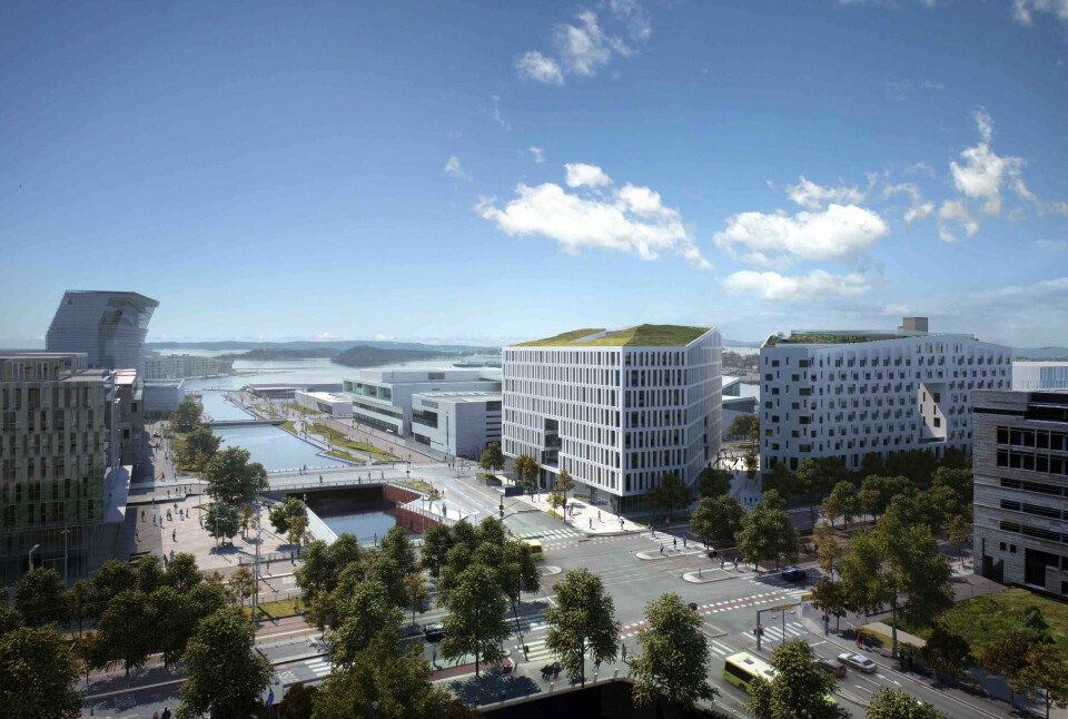 Illustrasjonen viser Diagonale-bygningene i Bjørvika som Olav Thon Gruppen eier sammen med HAV Eiendom AS. Bilde: Hav Eiendom/OTG/mir.no