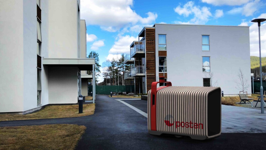 Dette er en konseptskisse. Det jobbes fortsatt med det endelige designet på brev- og pakkeroboten. Foto: Buddy Mobility/Posten Dette er en konseptskisse. Det jobbes fortsatt med det endelige designet på brev- og pakkeroboten. Foto: Buddy Mobility/Posten