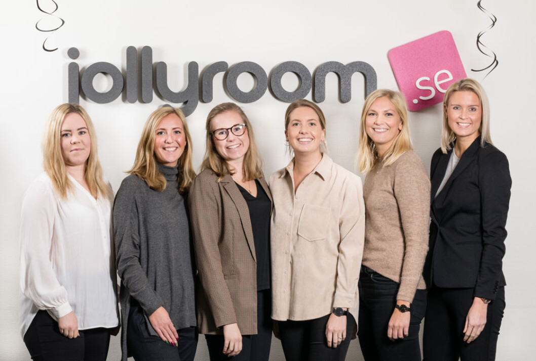 Jollyrooms HR-team, fra v. Emelie Jönsson, Sofia Erikson, Frida Berntsson, Therese Wassén, Matilda Dahllöf og Terese Ferbring. (Foto: Jollyroom) Jollyrooms HR-team, fra v. Emelie Jönsson, Sofia Erikson, Frida Berntsson, Therese Wassén, Matilda Dahllöf og Terese Ferbring. (Foto: Jollyroom)