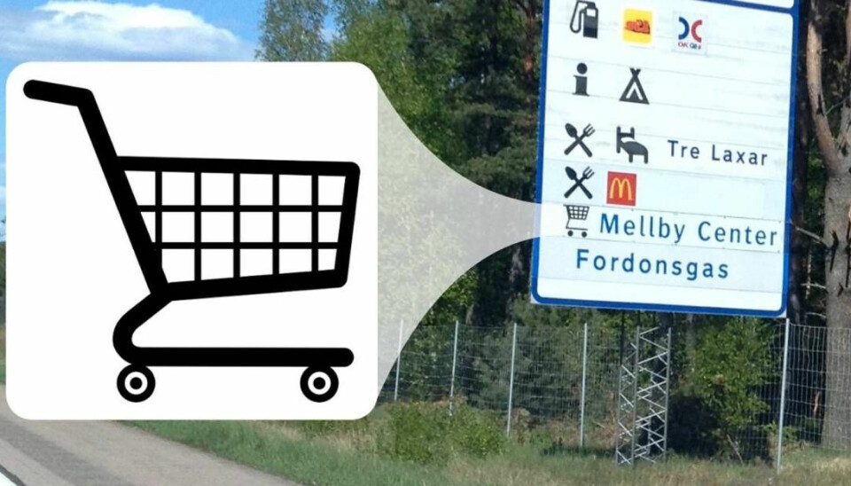 Bildet med kjøpesentersymbol ved veien i Sverige, som handelsforeningen brukte i forslaget de fremmet i 2014, og som vant igjennom etter seks år.