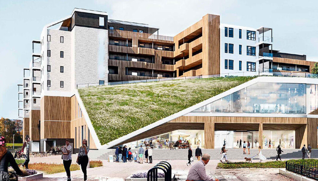 Senteret i forkant av byggkomplekset med 121 boligenheter, er i to etasjer: 12.000 kvm på grunnplanet og 5000 kvm i 2. etasje. Senteret i forkant av byggkomplekset med 121 boligenheter, er i to etasjer: 12.000 kvm på grunnplanet og 5000 kvm i 2. etasje.