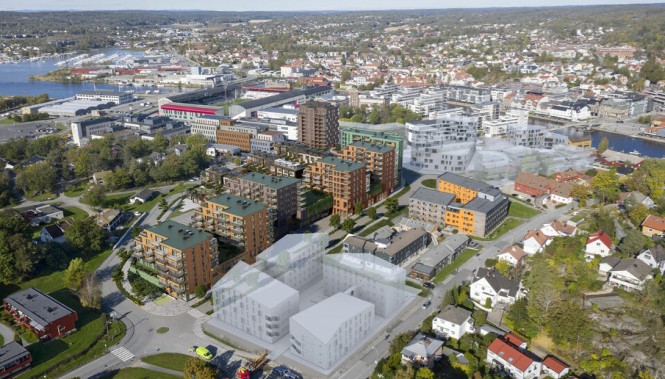 Overiktsbildet viser Værstetorvets beliggenhet midt i den delen av Værsteområdet som er nærmest sentrum i Fredrikstad. Handelen er delvis nedgravd som muliggjør boligprosjektet på taket.