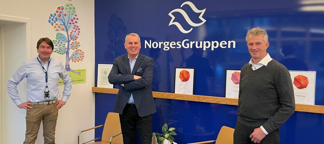 Kjetil Flåterud Kjededirektør i NorgesGruppen, Hans Olav Bakås CEO Mat-Norge og Helge A Myre IT ansvarlig butikksystemer i NorgesGruppen.