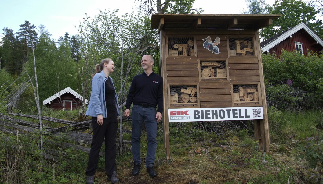Astrid Brekke Skrindo fra org.NINA og Henrik Fagerland fra Eiksenteret viser fram det nye biehotellet.