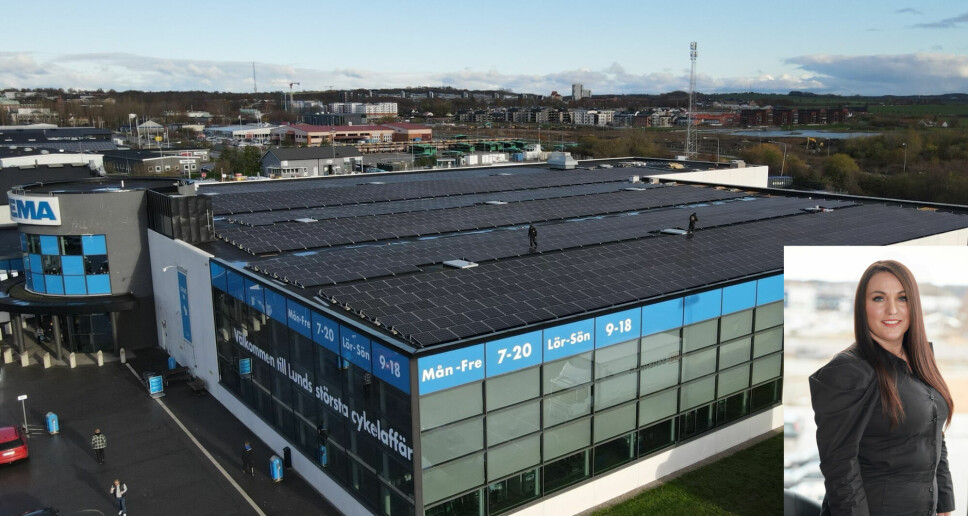 Installerte solceller på Biltemas varehus i Lund. Innfelt bilde av Adelina Voci.