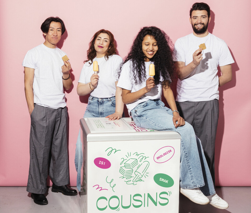 4 ungdommer foran en rosa vegg. Sitter og står rundt en fryser med is med, logo Cousins.