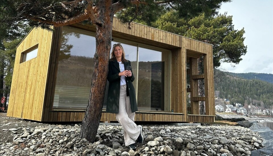 Badstubygget i tre og med store vinduer, Heidi Arnesen står lent mot ei furu foran bygget.