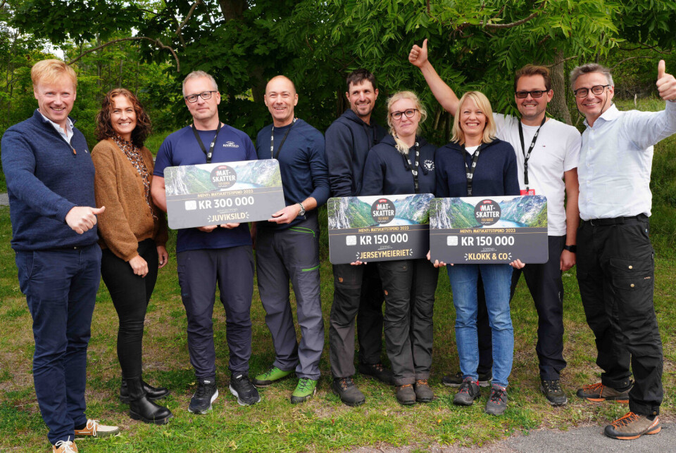 Vinnere av matskattstipendet 2023 1. plass: Juviksilddelt 2. plass: Klokk & co og JerseymeierietFra venstre: Vegard Kjuus (MENY), Wenche Westberg (statssekretr i landbruks- og matdepartementet), Jon Ragnvald Sporsheim (Juviksild), yvind Try Leiner (Juviksild), Per dne Skrland (Jerseymeieriet), Sonja Herikstad Skrland (Jerseymeieriet), Kristine Lund (Klokk & Co), Leif Klokk (Klokk & Co) og Eivind Haalien (NorgesGruppen) Vinnere av matskattstipnend, gruppe mennesker tre som holder store vinnersjekker.